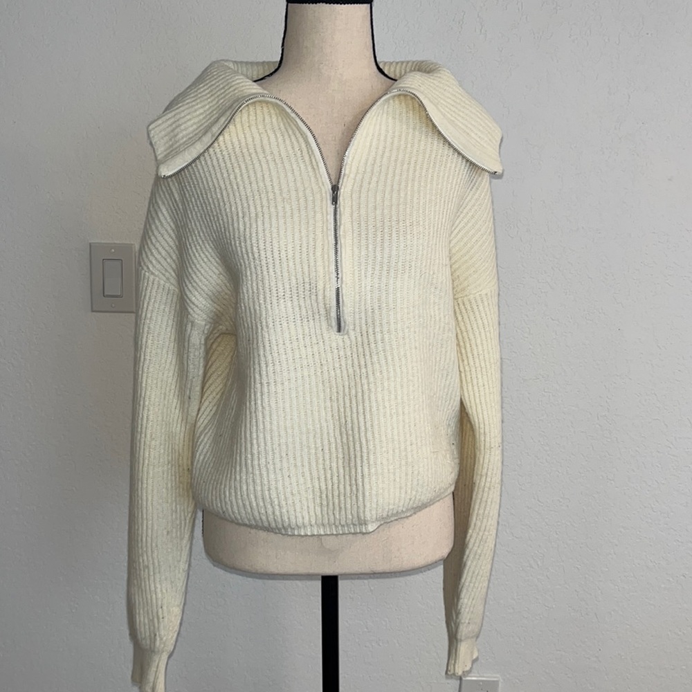 For Love And Lemons Soft Cream Ribbed Half-Zip Turtleneck Sweater